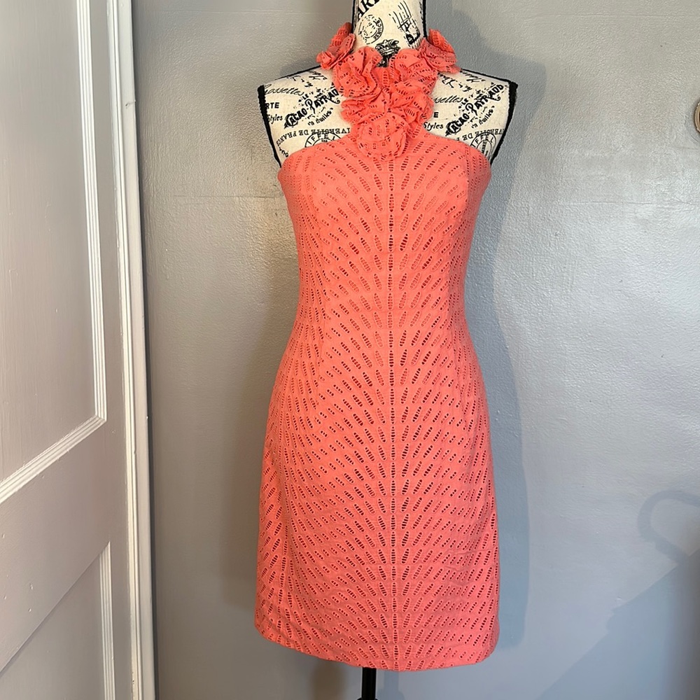 Boston Proper Salmon Eyelet MIDI Sheath Y-Neck Floral Neckline Dress Size 2
